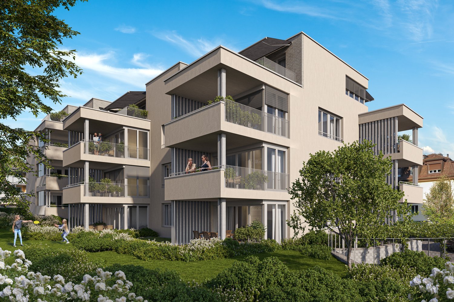 Modern apartment building with balconies, large windows, outdoor seating, greenery, and playground area