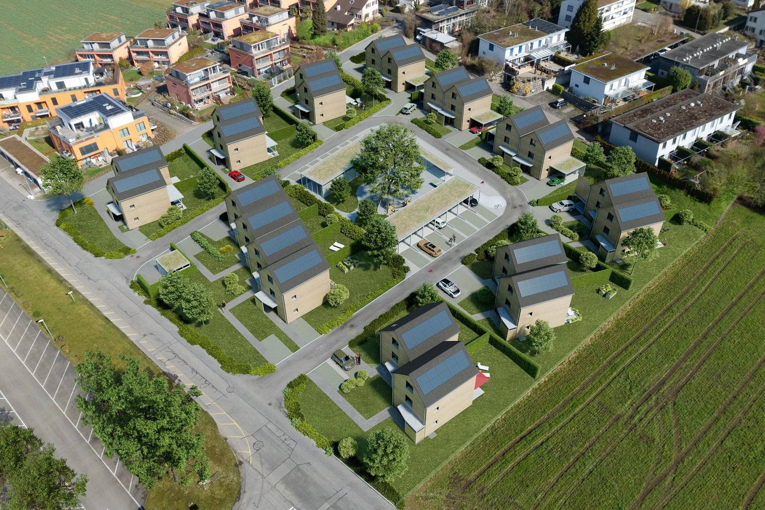 a housing development, featuring a variety of building styles and solar panels, including houses, parking garages, and green spaces with trees and grass