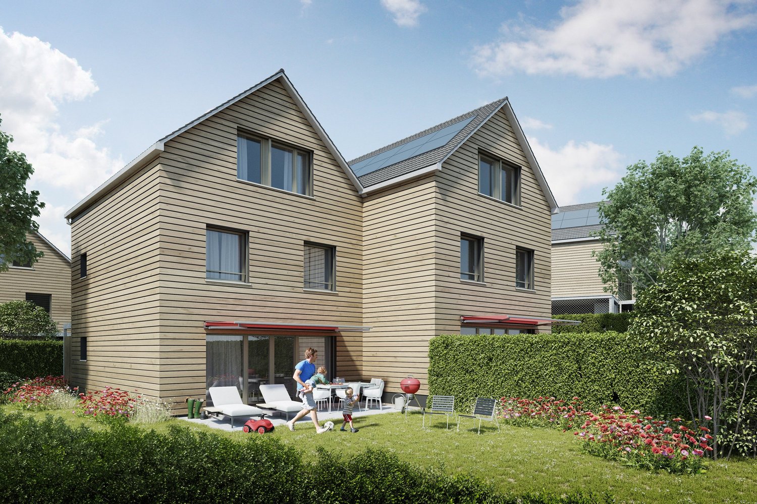 contemporary design, wooden exterior, modern windows, solar panels, covered terrace, outdoor seating, landscaped garden