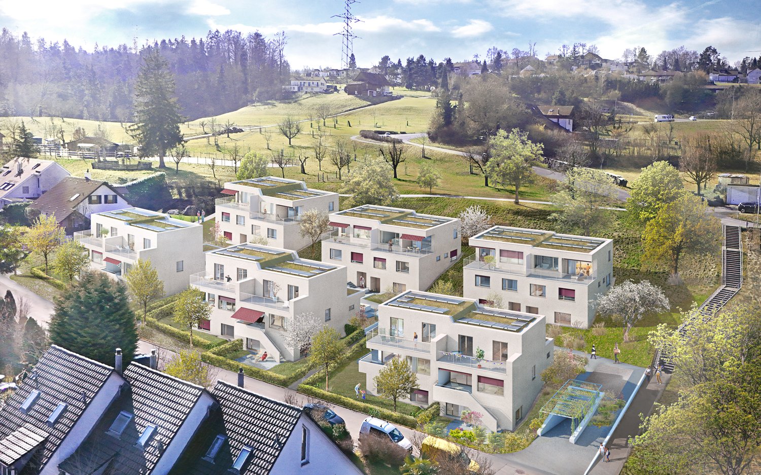 modern apartment buildings, solar panels, green roofs, balconies, stairs connecting the floors, garden areas, roads