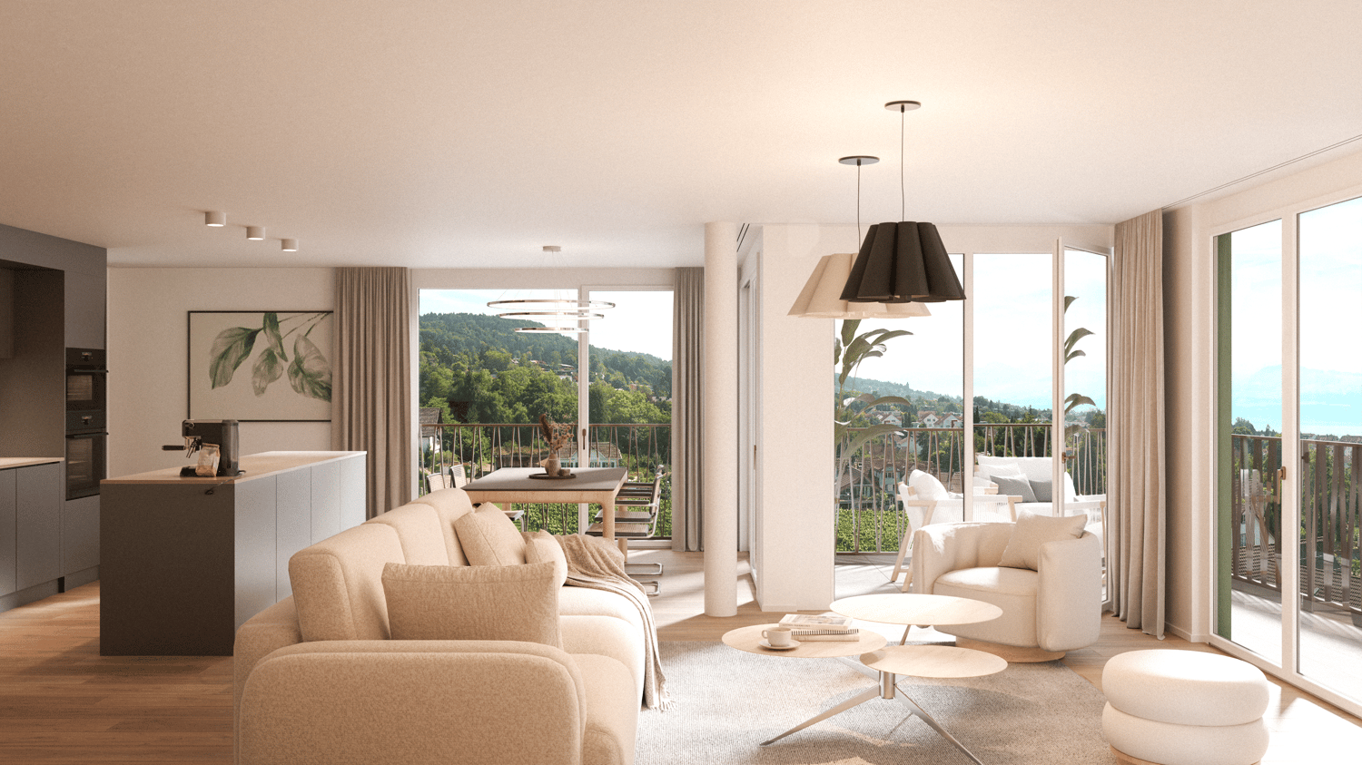 open living space, large glass windows with balcony, white couch, 2 armchairs, coffee table, kitchen, dining table