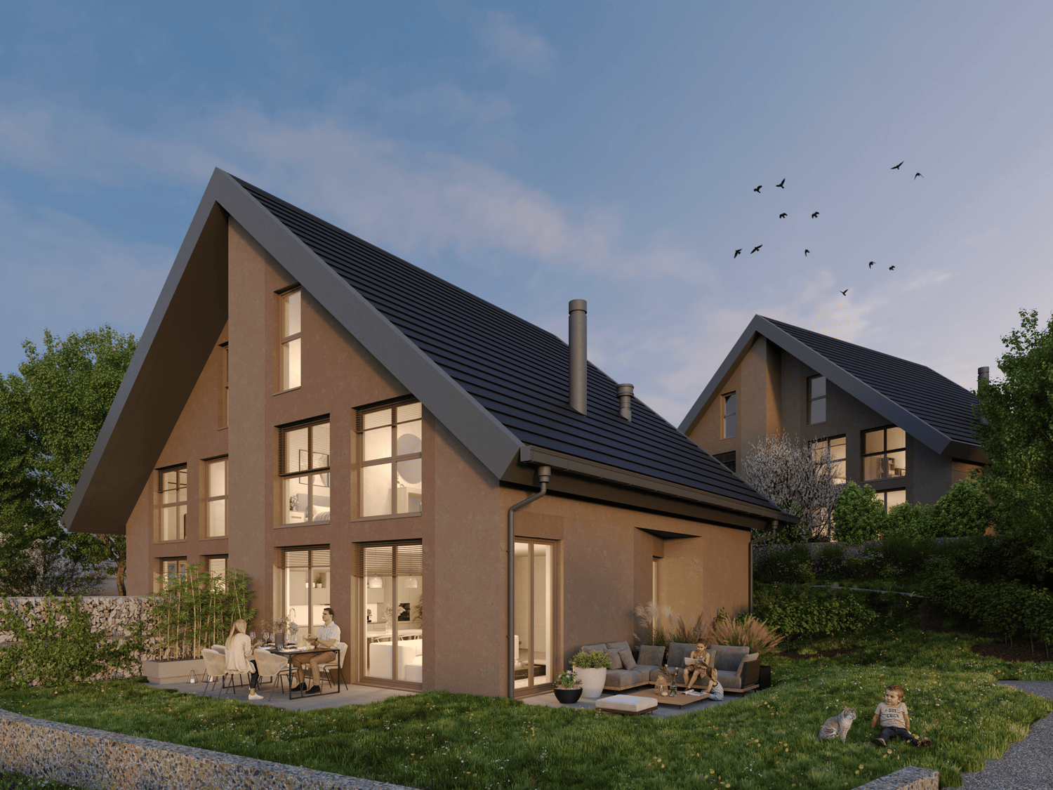 Modern house with a black roof, large windows, a terrace, and a garden