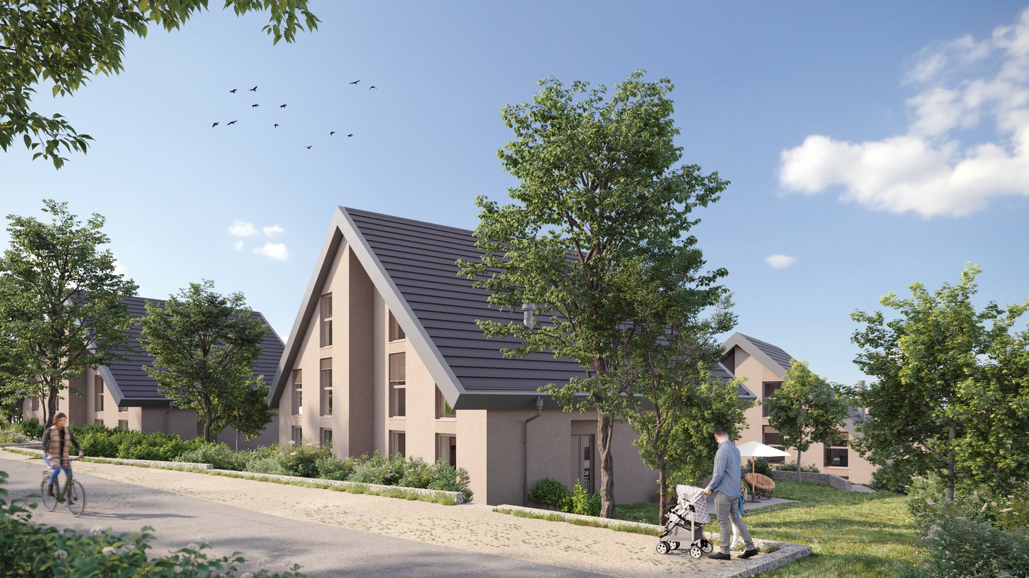 Modern houses, gray roofs, beige walls, windows, front yard with trees and grass, pathway, people walking, one with a stroller, one riding a bicycle