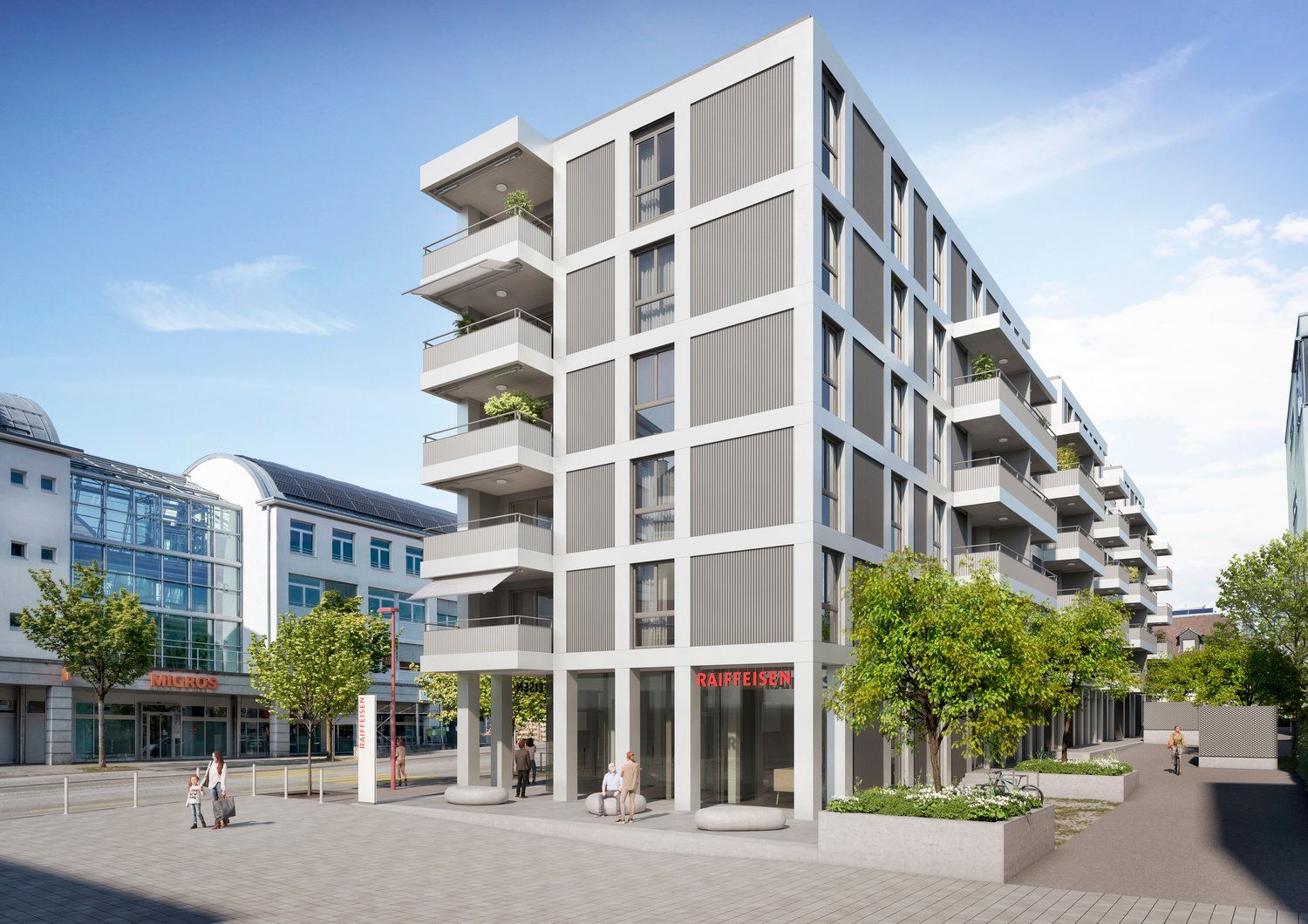 Modern apartment building with multiple balconies, glass windows, and a ground floor with commercial space.