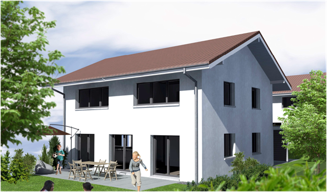 Detached house, two-story, gray exterior, brown roof, two patio doors, awning, outdoor seating with table and chairs, trees and shrubs surrounding the house.