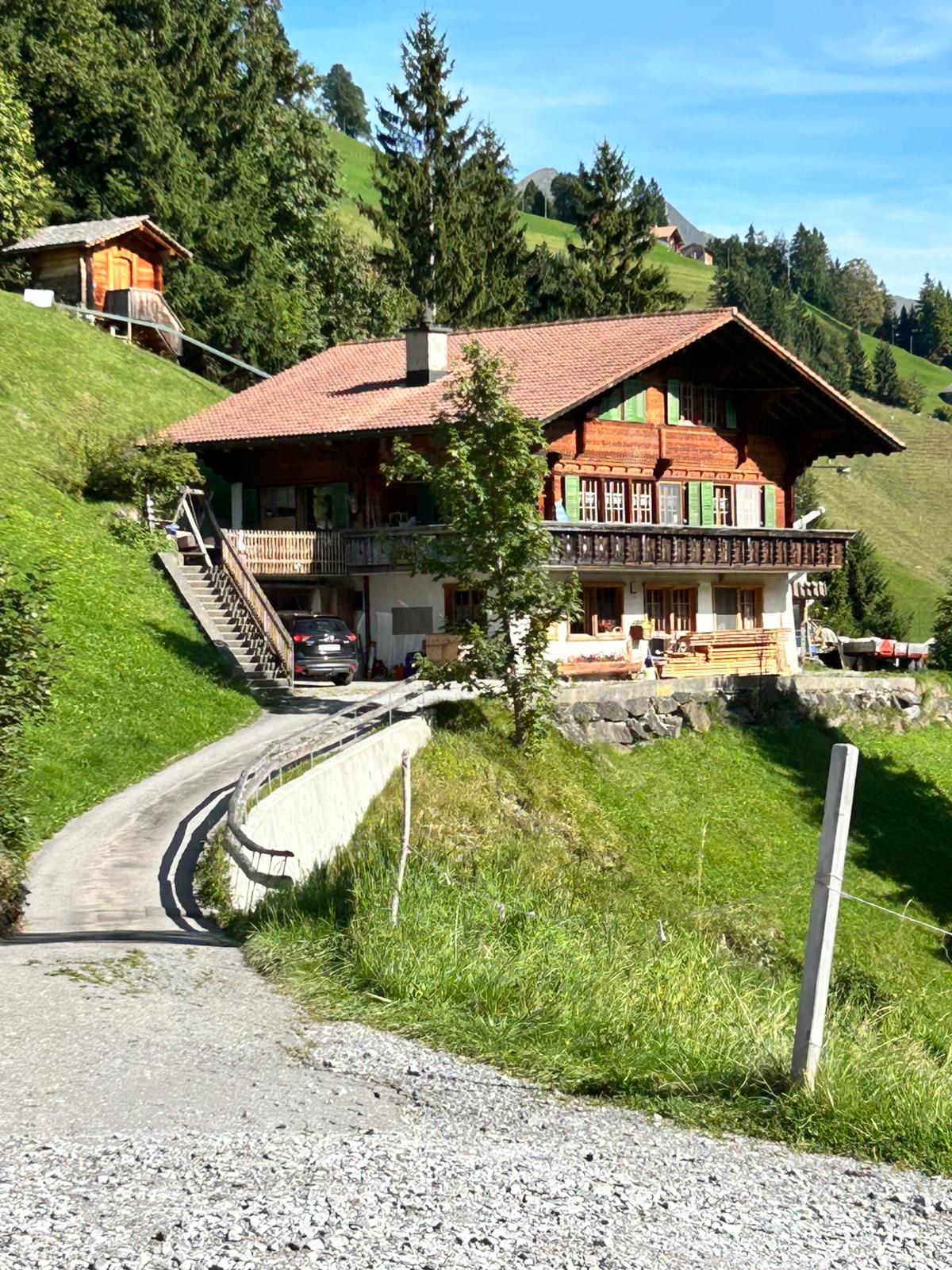 Chalet house with red roof and wooden facade, raised ground floor, located on a hillside with a car parked in front and trees around