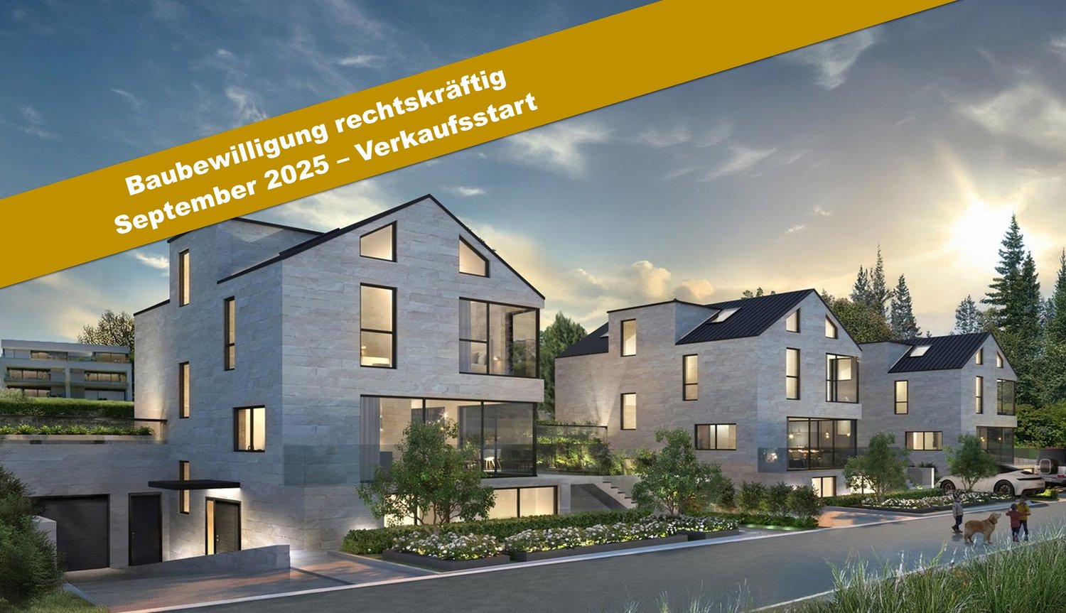 Modern design houses, stone exteriors, green rooftops, spacious windows, driveways