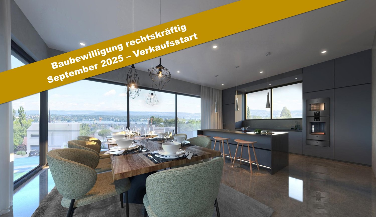 dining area with wooden table and chairs, modern kitchen, large windows
