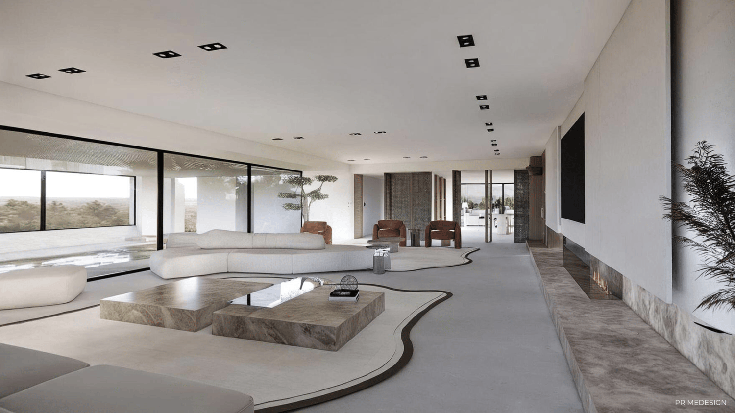 large white sofa, large white ottoman, white rug, two large tables, large glass windows, white walls