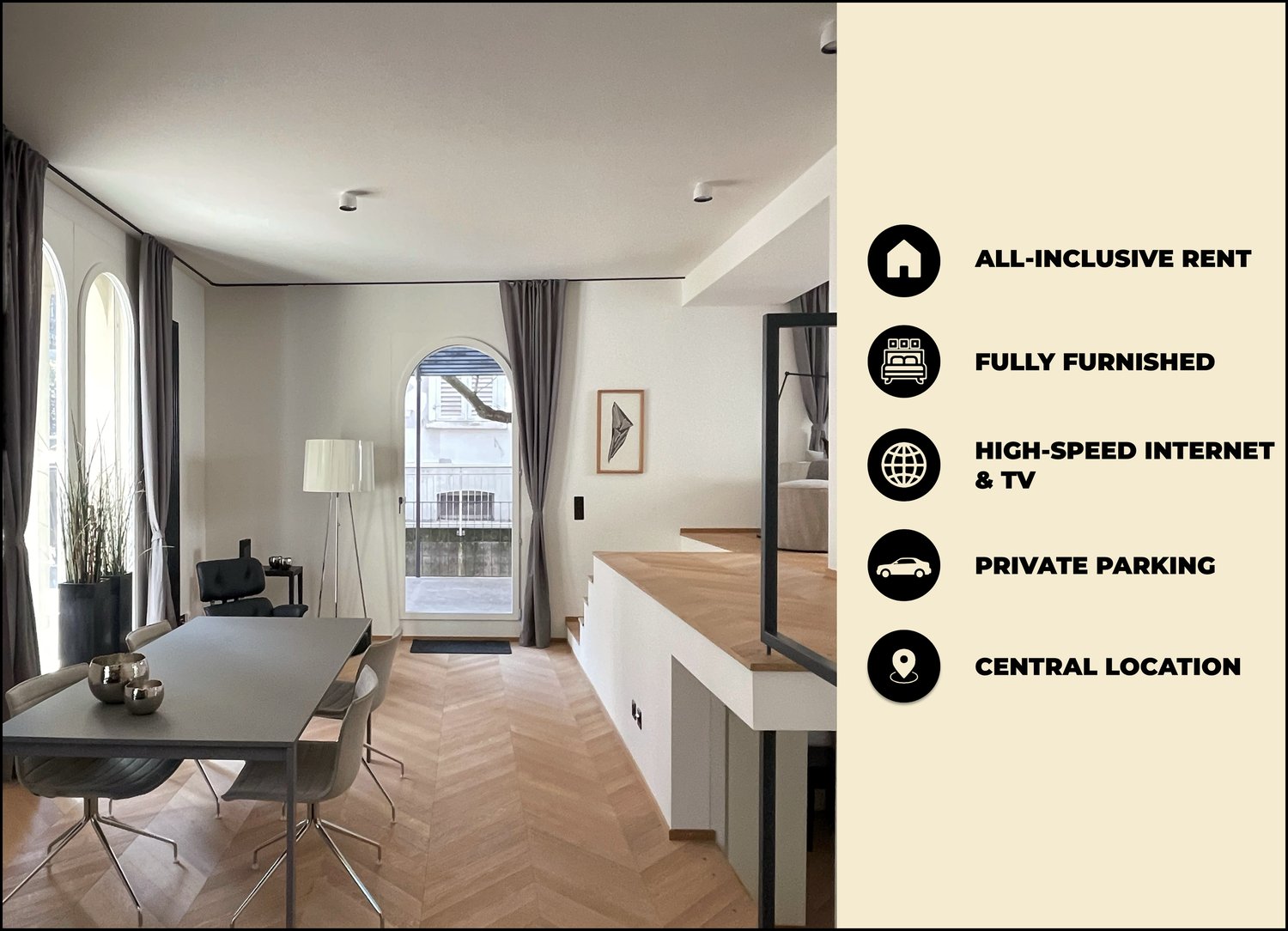 Fully furnished apartment with hardwood floors, large windows, dining table, and modern furniture. The apartment features private parking as one of the amenities.