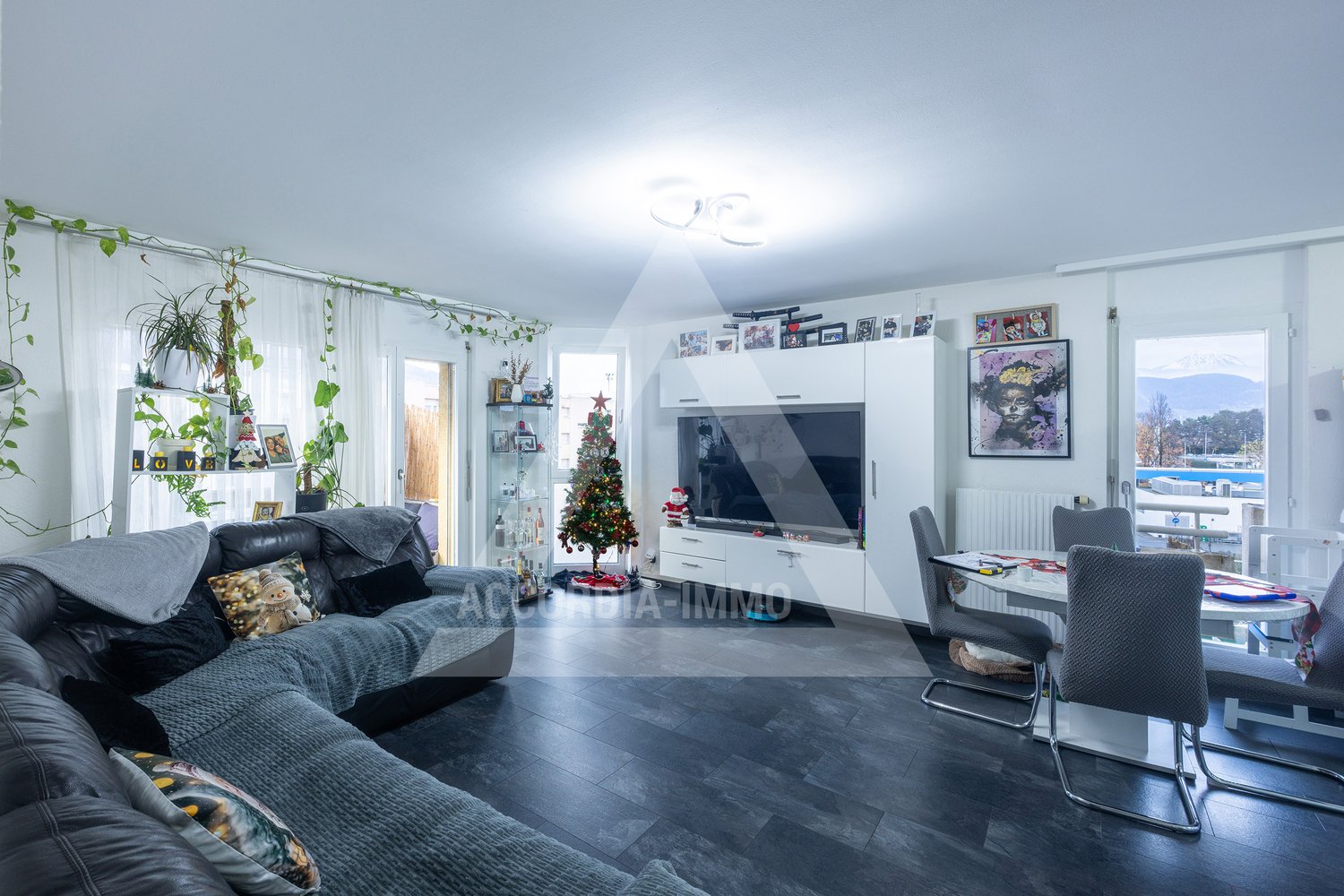 living room with sofa, dining table, TV, balcony, plants, Christmas tree