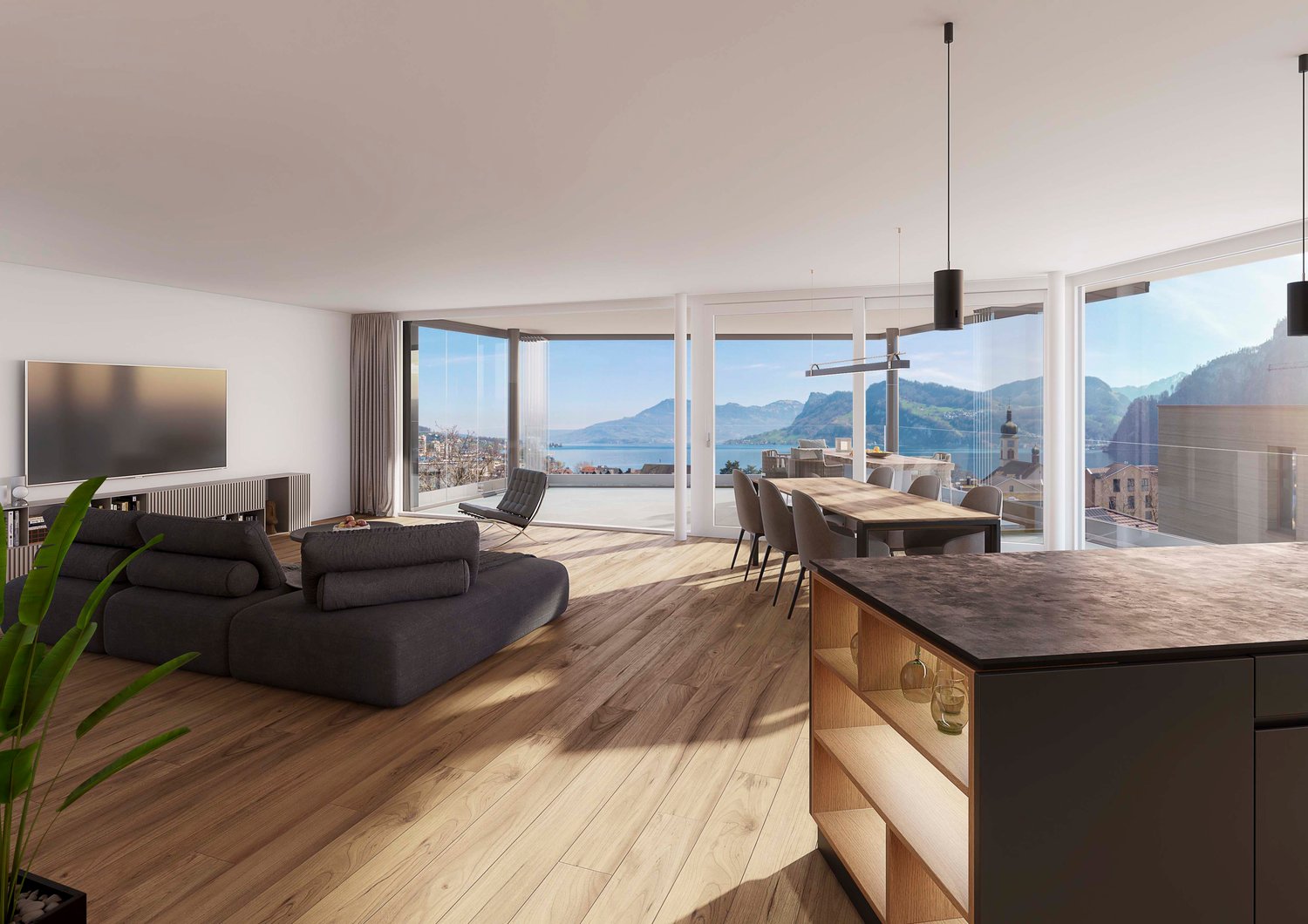 Open-plan living and dining area with large windows, modern furniture, large flat-screen TV, balcony, panoramic view of the city and mountains