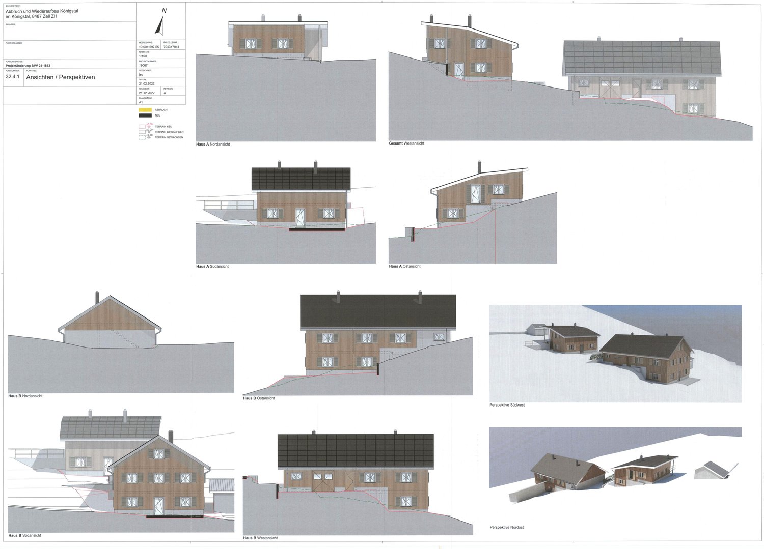 The image shows multiple architectural drawings and perspectives of a residential building. The building appears to have a raised ground floor and a garage. The drawings include front, side, and rear elevations, as well as a perspective view of the buildi