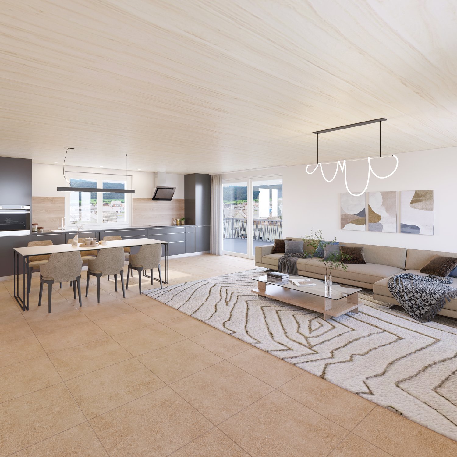 The image shows an open concept living room and kitchen area with large windows and a sliding glass door leading to a balcony or terrace. The kitchen features gray cabinets and appliances, and there is a dining table with chairs. The living room has a sof