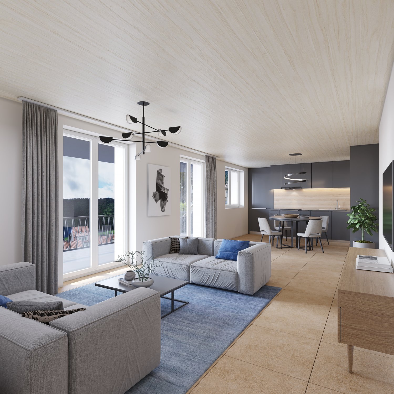 Spacious open-concept living room with large windows, gray sofa, coffee table, and modern chandelier. The room leads to a dining area and kitchen with a sleek, dark color scheme. The space has a balcony or terrace visible through the windows.