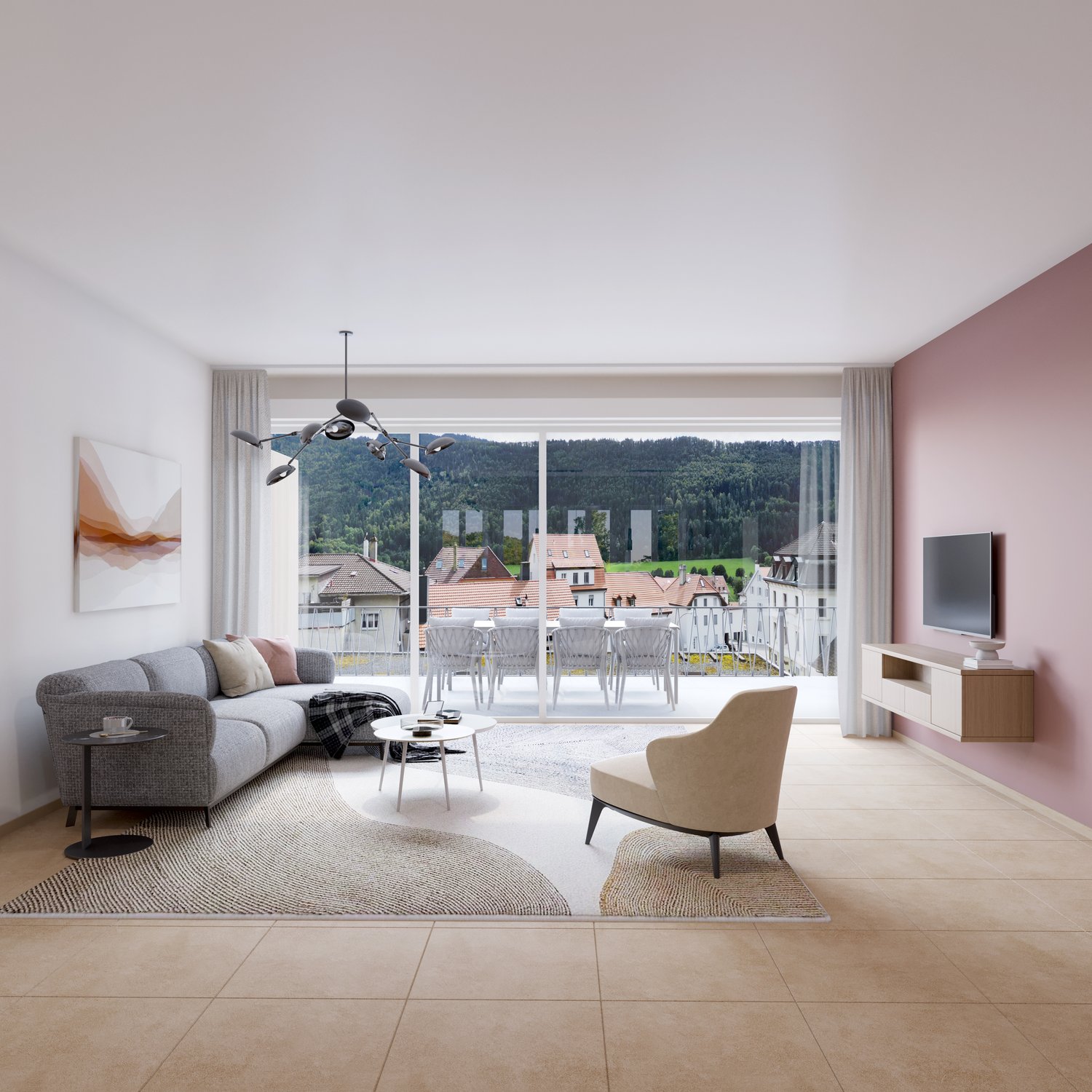 Spacious living room with large windows offering a scenic view of the surrounding town and mountains. The room features a gray sofa, a coffee table, and a beige armchair. There is a TV stand and a modern light fixture above the dining table. The room has