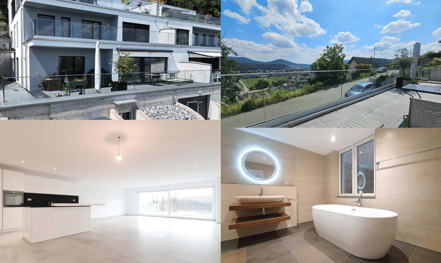 Two-story house, glass railings on upper floor, modern kitchen, luxurious bathroom with tub and mirror, view of the mountains