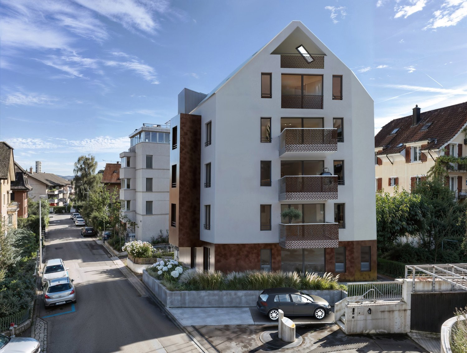 Modern architectural design, multi-level residential building, white walls, brown accents, multiple balconies with metal railings, green vegetation, and trees