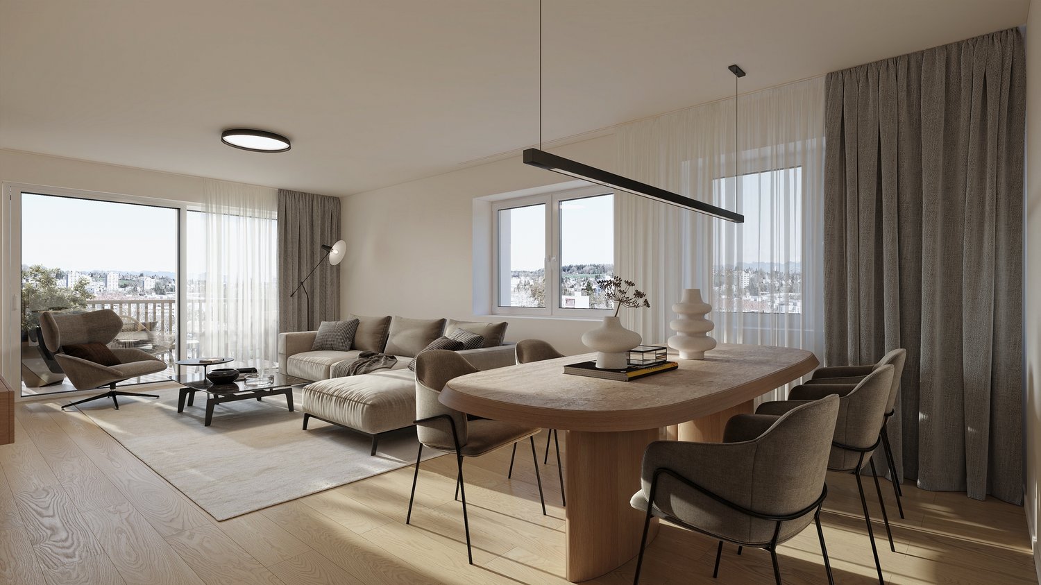 Spacious open-plan living and dining area with large windows offering a view, hardwood flooring, beige sofa, wooden dining table and chairs, pendant lighting, and curtains.