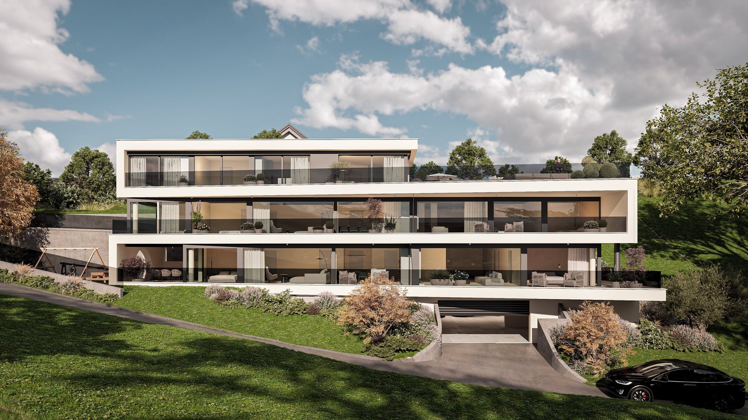 Modern architectural house, white exterior, glass walls, 3 floors, terrace