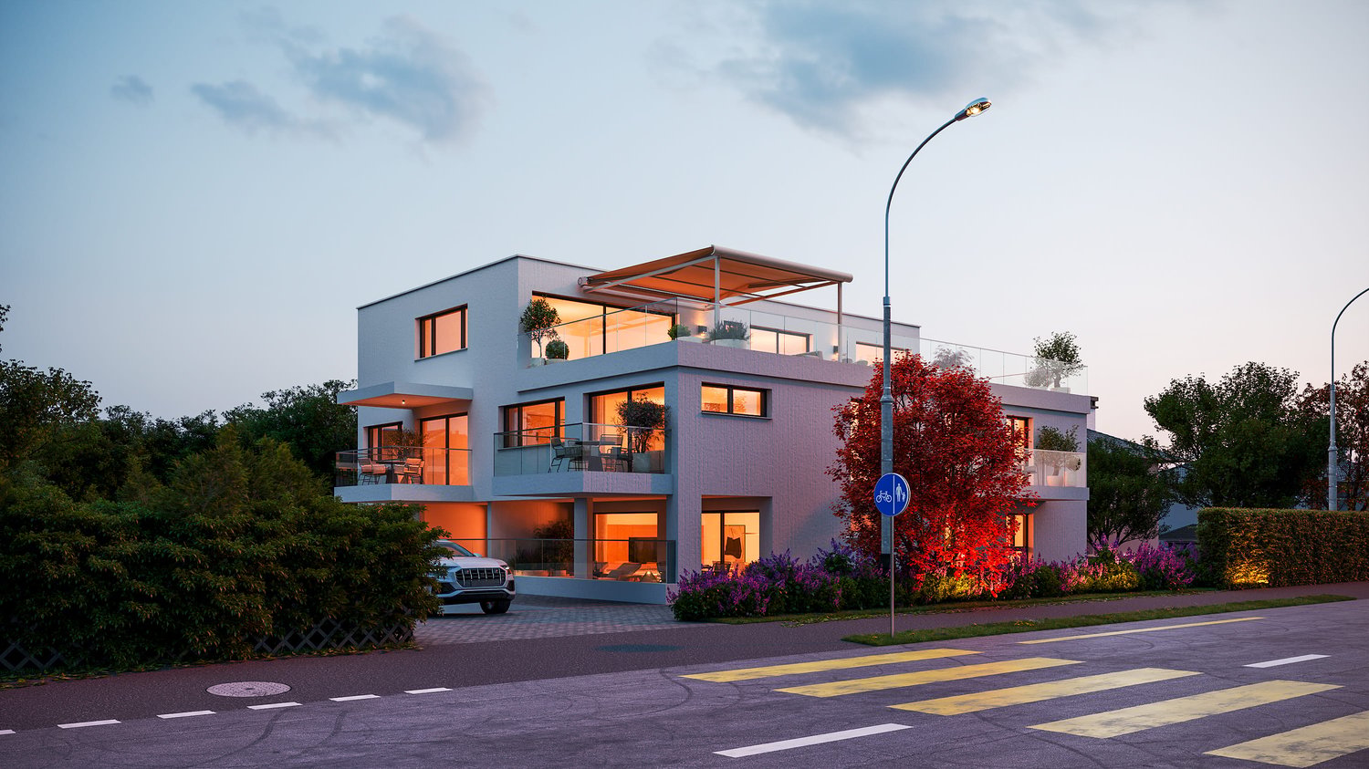2 story house, white exterior, large windows, balcony, parking place