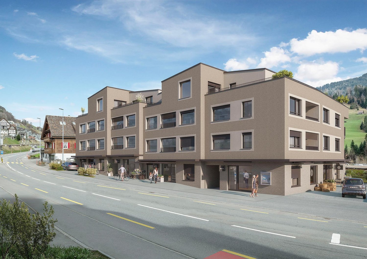 Multi-story residential building, modern design, multiple windows, rooftop terrace, street front, greenery