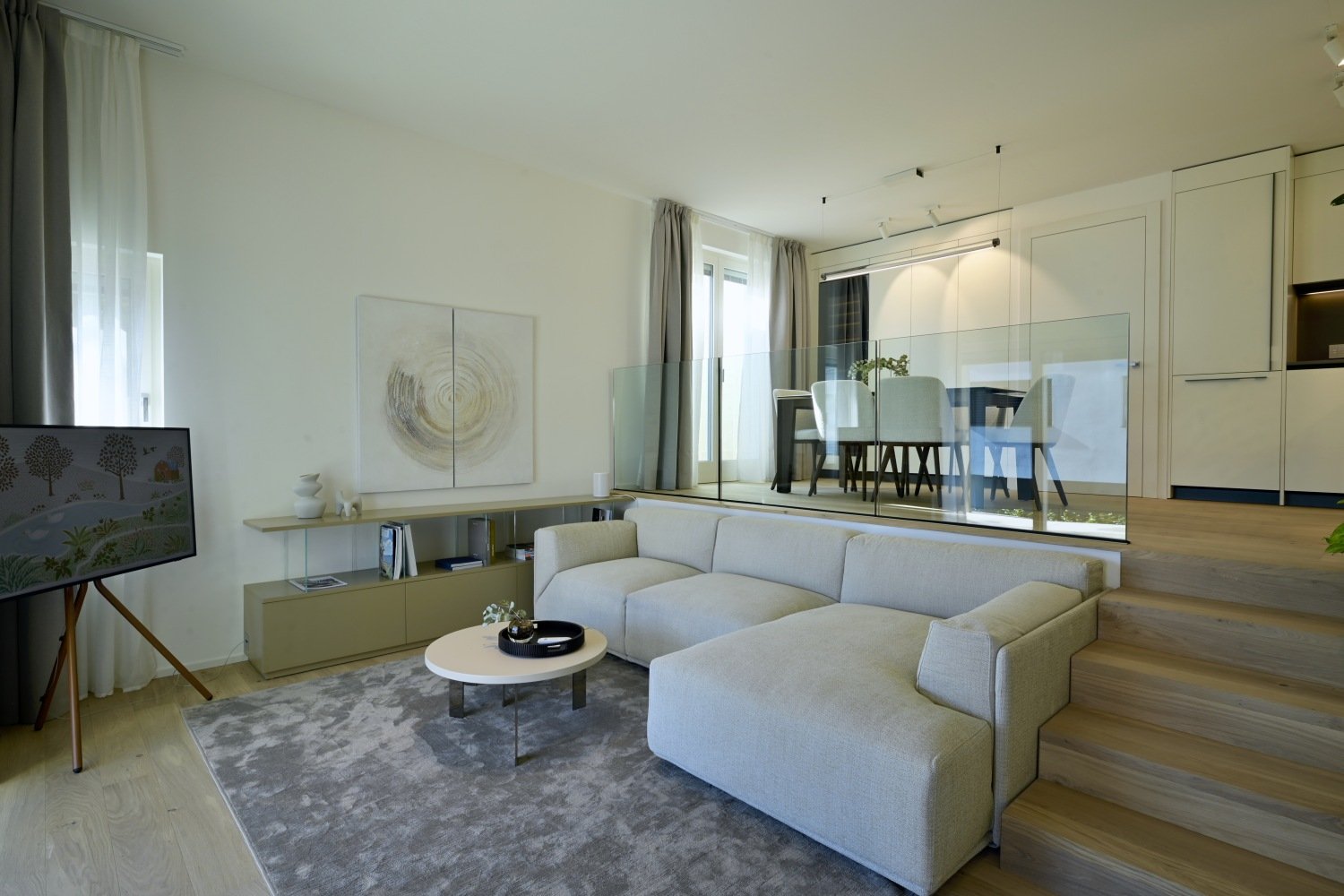 open-plan living and dining area with large windows, gray sofa, central coffee table, glass wall with view of dining area, gray rug, television on stand, bookshelves