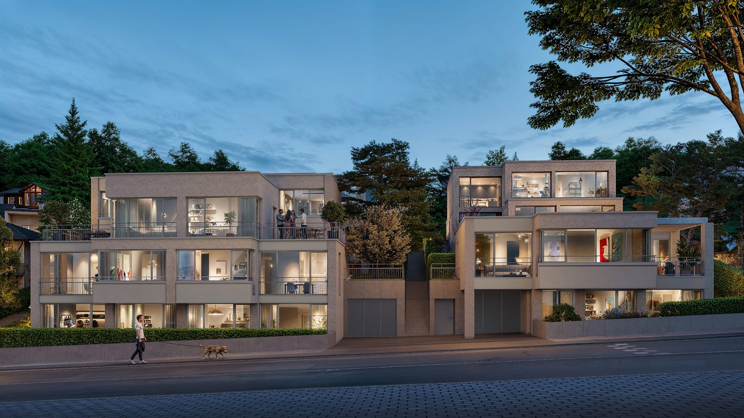 modern design, multi-story, beige walls, large windows, balconies, entrance on first floor, driveways with garages, trees in background