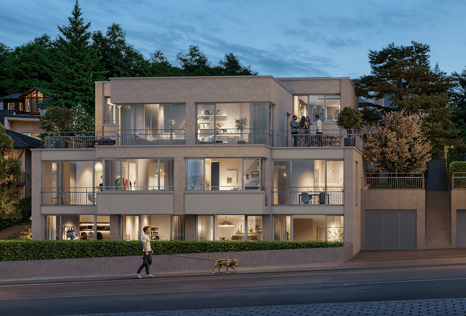 4 story house, balconies, garage, people on the balcony