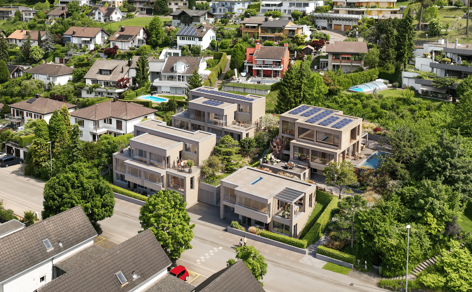 Modern multistory residential buildings, with balconies and solar panels, several swimming pools, driveways