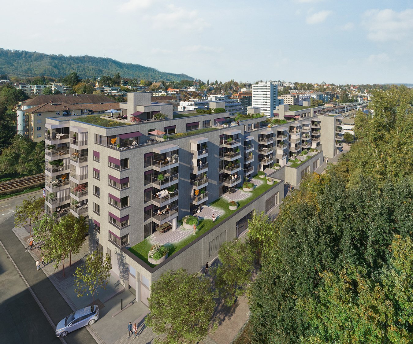 A modern multi-story residential building with rooftop gardens, balconies, and raised ground floor. There are numerous balconies and terraces throughout the building.