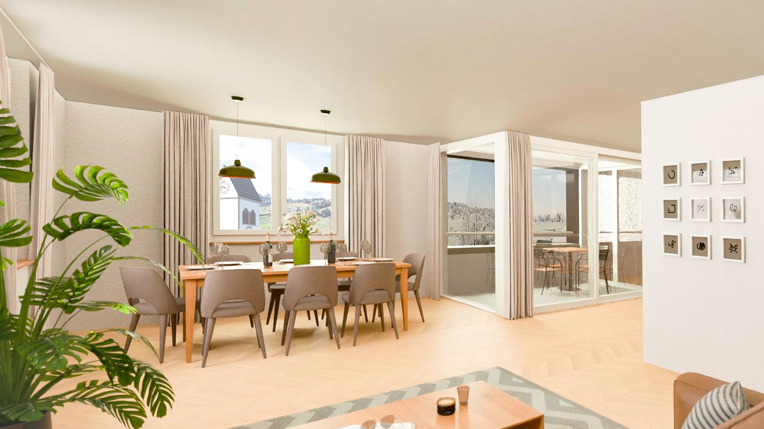 Dining room with wooden table, chairs, large windows, balcony, plant, rug, coffee table, couch
