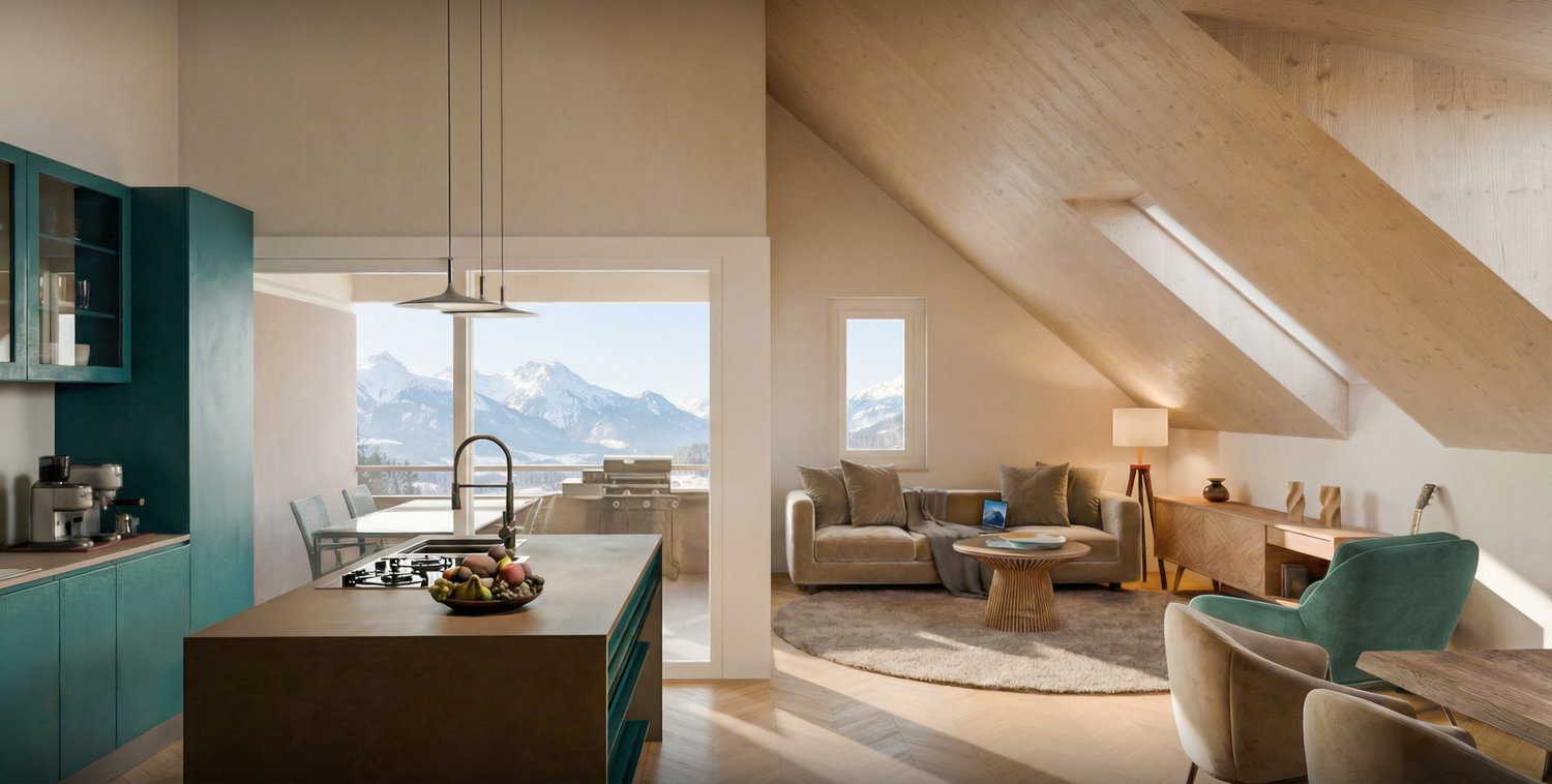 Open kitchen with dining area, living room with couch, coffee table, and rug, large windows with mountain view