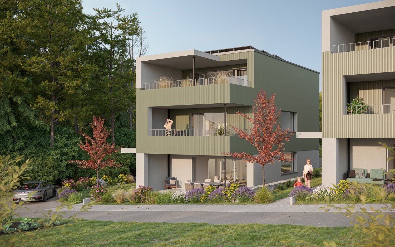 3 story house, grey exterior, large windows, car parked, balcony on top floor, garden with flowers and plants