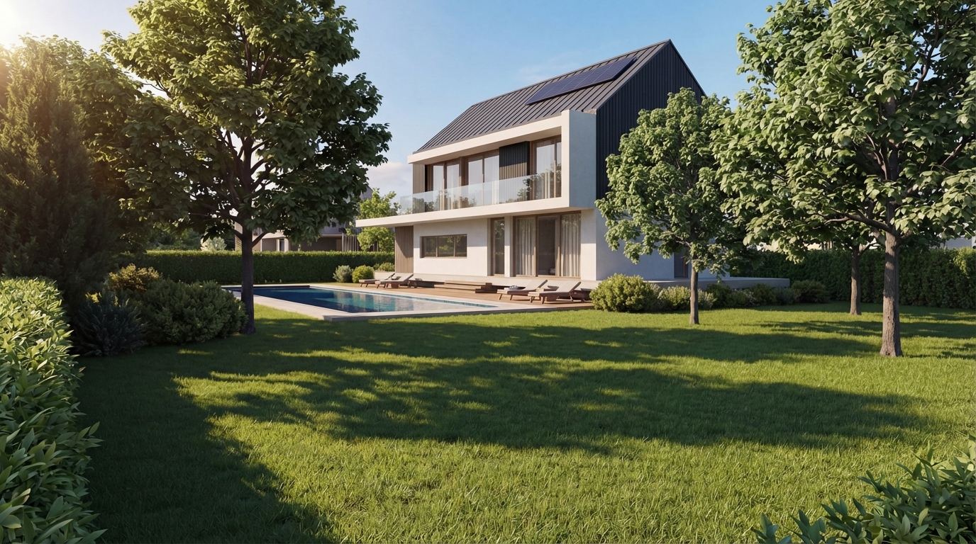 Modern two-story house with a solar panel, swimming pool, and large glass windows