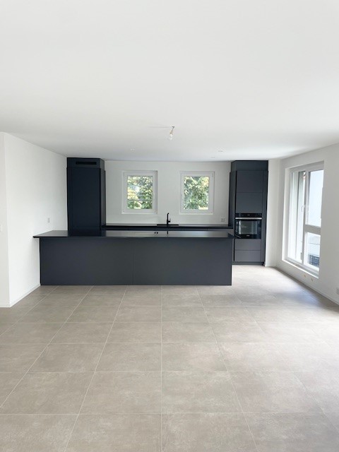 large empty kitchen, center island, large windows, modern black cabinets