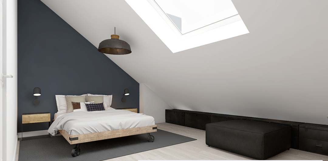attic room with blue wall, white ceiling, wooden bed, skylight, bedside tables, storage units, black ottoman, black rug