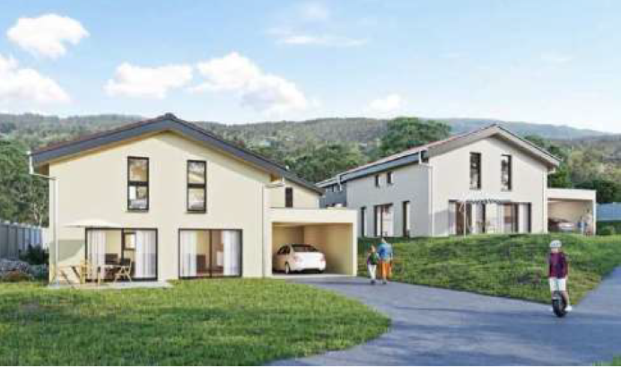 2 story house, attached garage, two cars, family walking, hilly backdrop