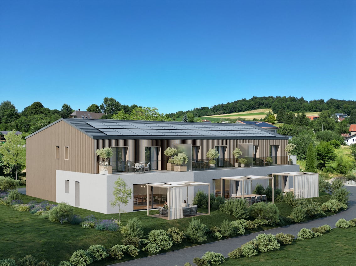 2 story house, modern architecture, solar panels, large windows, raised ground floor, solar panels, balcony, outdoor seating area, terrace