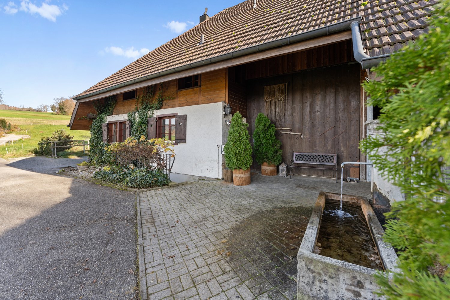 Traditional wooden house, large driveway, large wooden door, brick and wooden walls, plants, benches, fountain