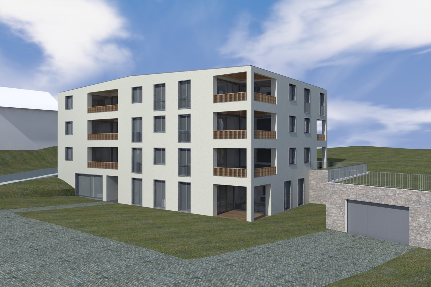 multi-storey building, white exterior, wooden balconies, raised ground floor, garages, located on a slope with grass