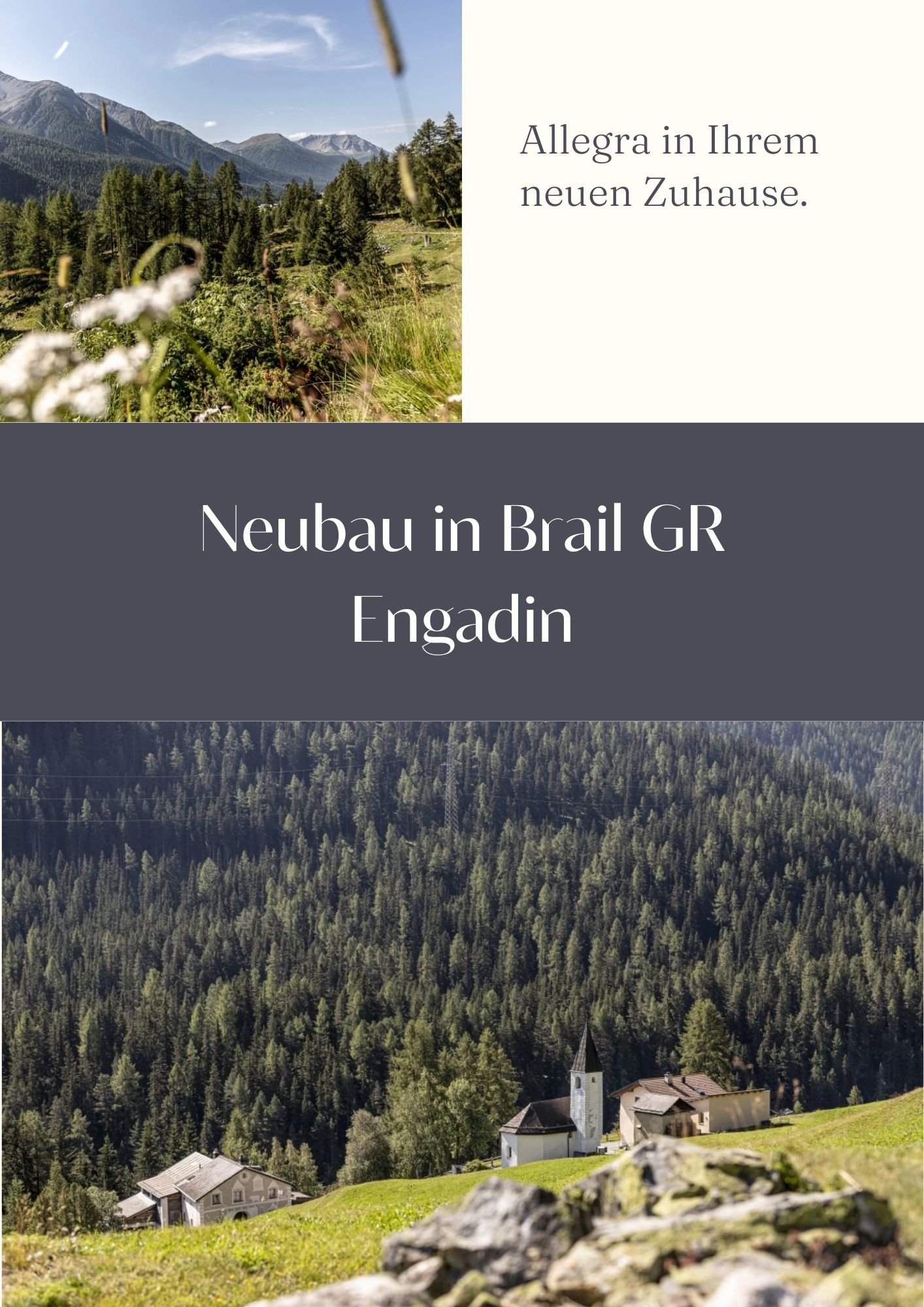 Greenery-covered mountains, house with brown roof, house with white walls, steeple house, green grass, pine trees