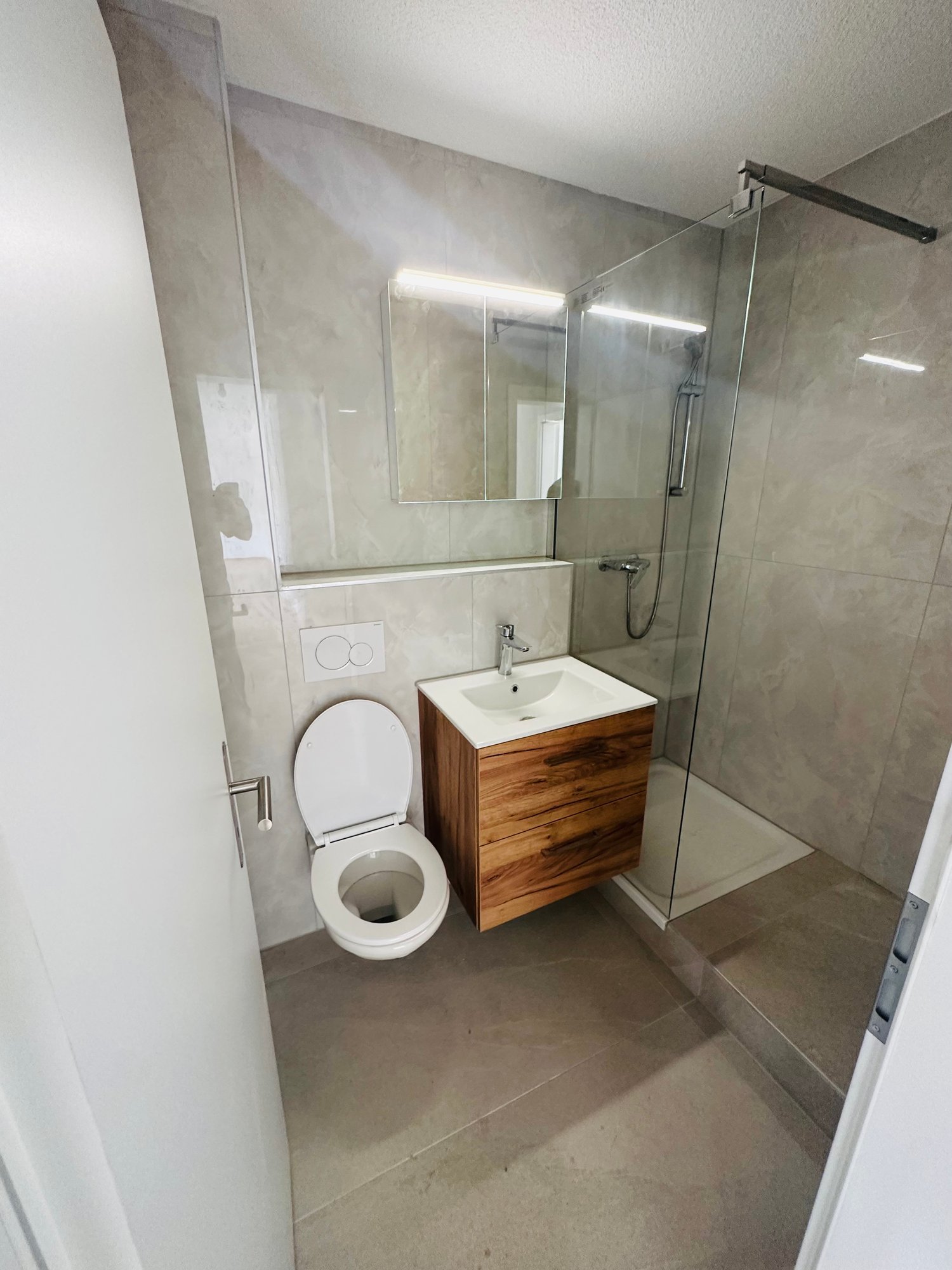 modern shower area, wooden cabinet, toilet, silver sink, silver faucet, mirror
