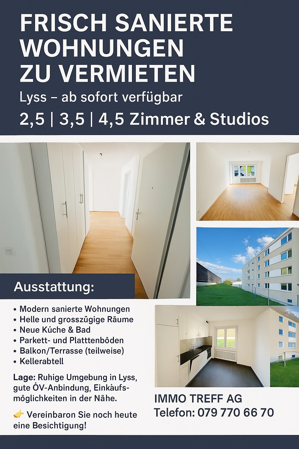 Freshly renovated apartments available for rent, quiet surroundings, modern and spacious rooms, new kitchen and bathroom, parquet and tile floors, balcony/terrace (partially), cellar, available immediately, 2.5, 3.5, 4.5 rooms & studios