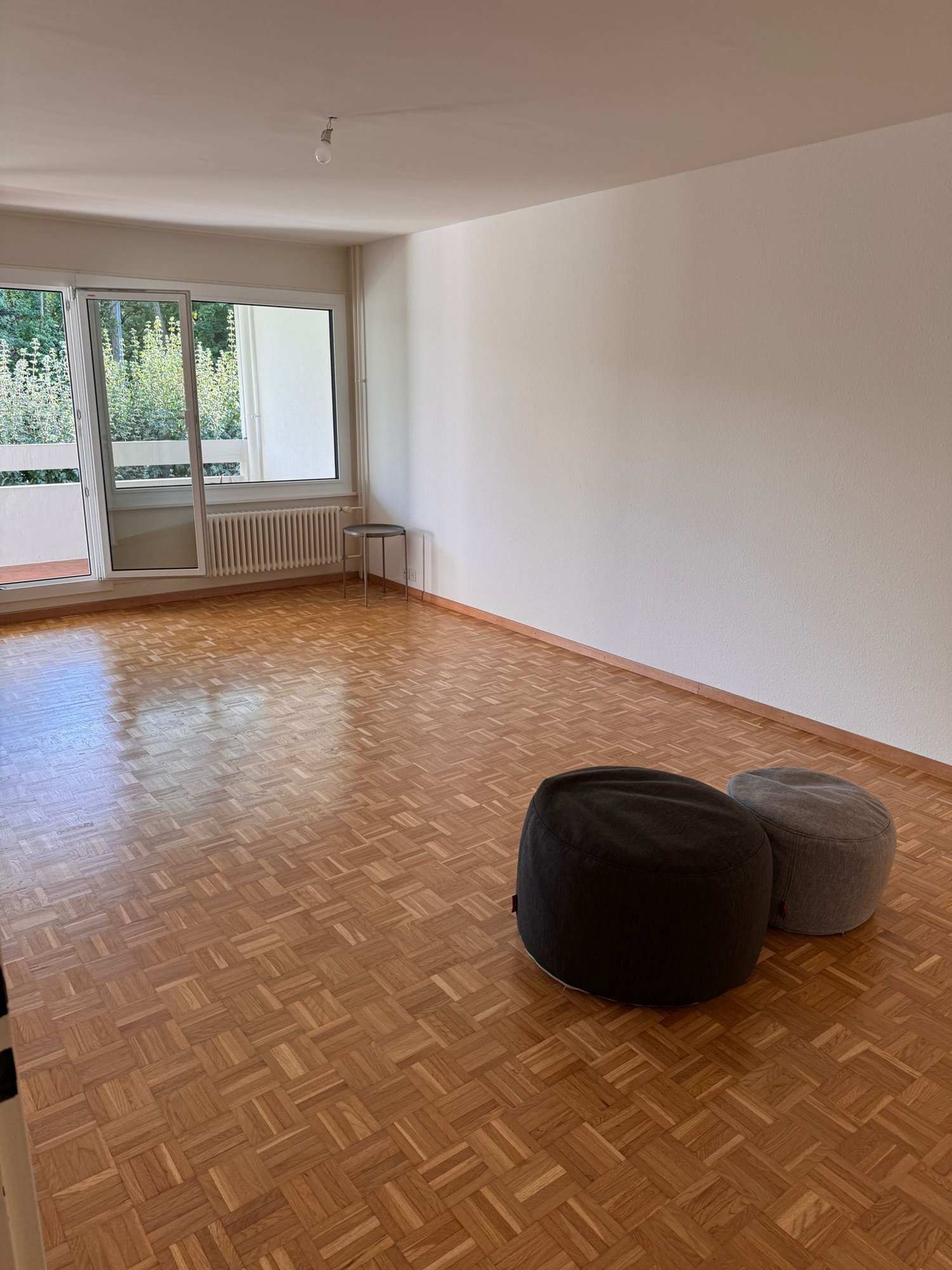 Hardwood floor, large sliding glass doors to balcony, white walls, small ottomans, radiator, side table, small light fixture