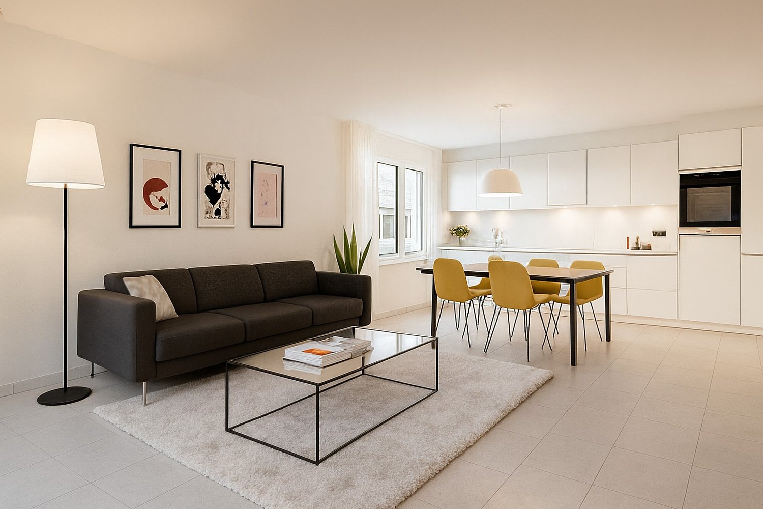 modern contemporary style, white tiles, beige rug, black sofa, coffee table with books, dining table with chairs, white cabinets, modern lighting, plants