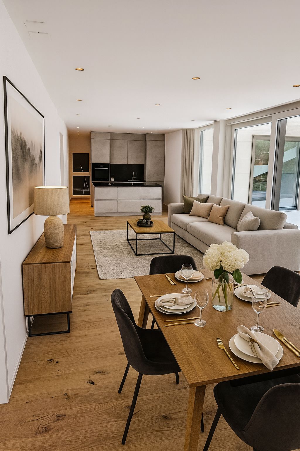 hardwood floor, table, chairs, couch, lamp, carpet, kitchen