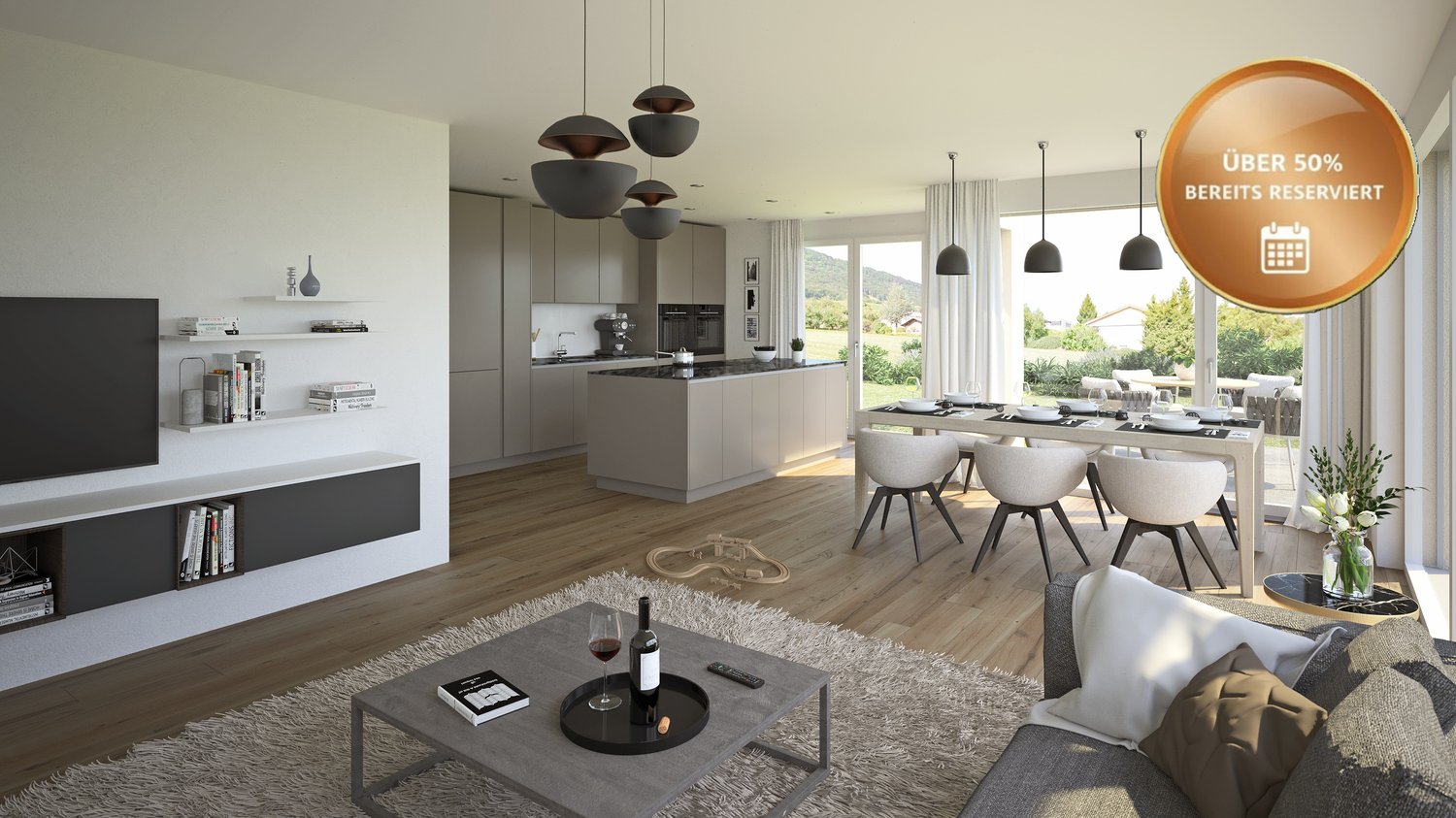 Open plan living room and dining room with modern furniture and decoration. The room has a contemporary and comfortable design with a sleek open plan kitchen.