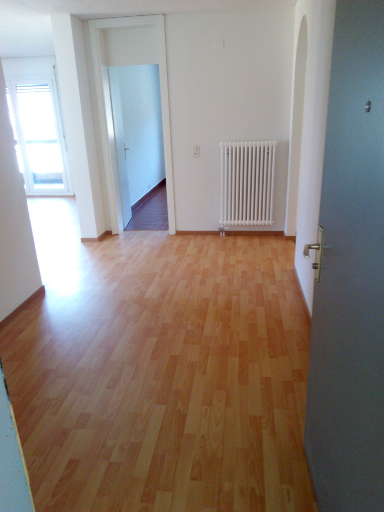 wooden floor, white walls, white radiator, glass window, doorway, hallway