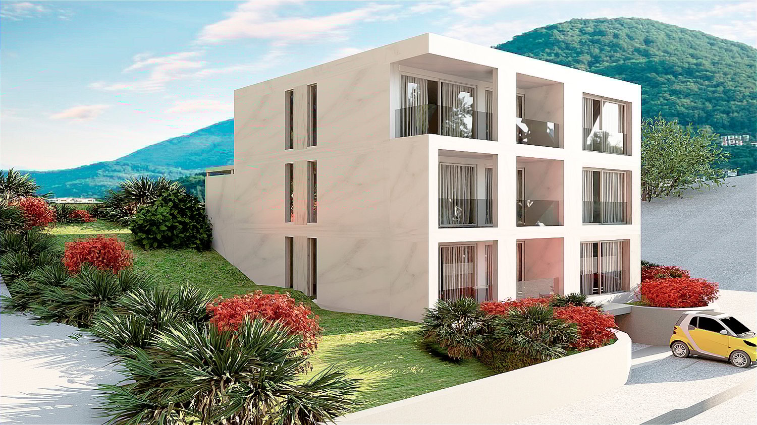 modern, white building, raised ground floor, several balconies, green hills in the background